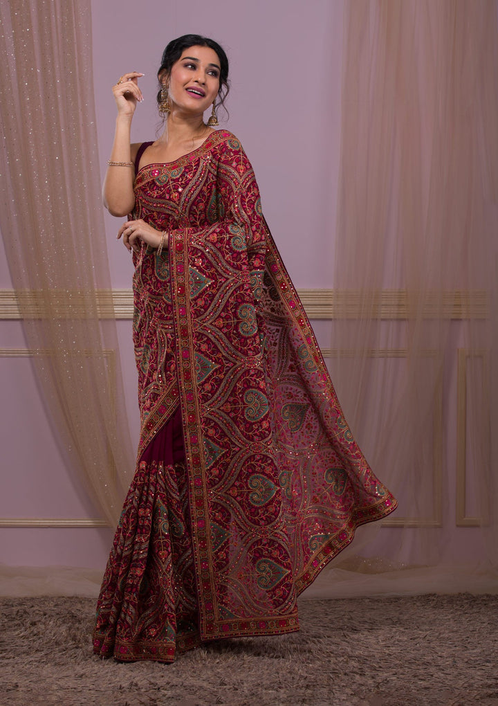 Wine Threadwork Georgette Saree-Koskii