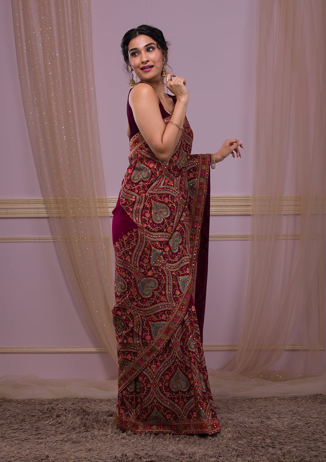 Wine Threadwork Georgette Saree-Koskii