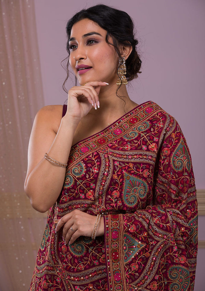 Wine Threadwork Georgette Saree-Koskii