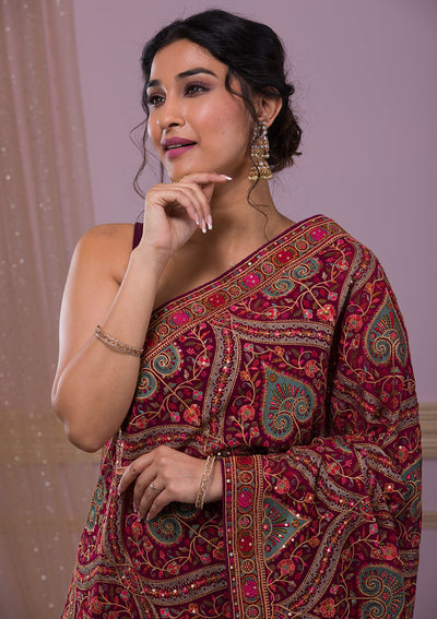 Wine Threadwork Georgette Saree-Koskii