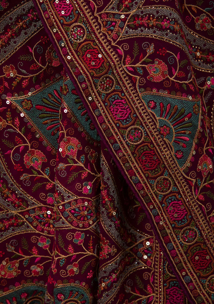 Wine Threadwork Georgette Saree-Koskii