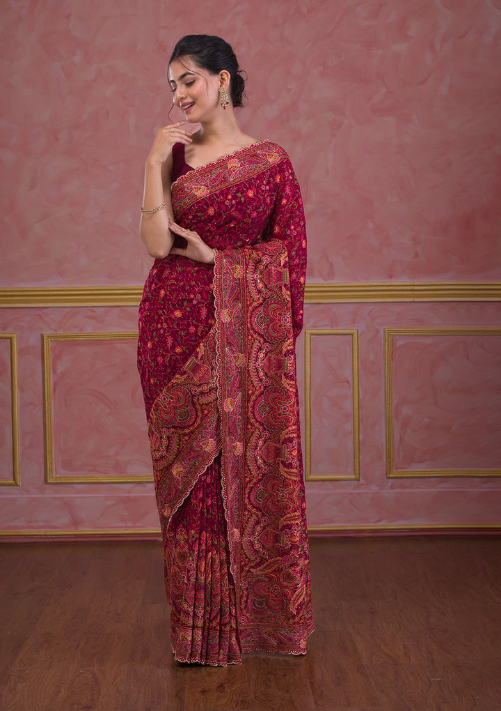 Wine Threadwork Georgette Saree-Koskii