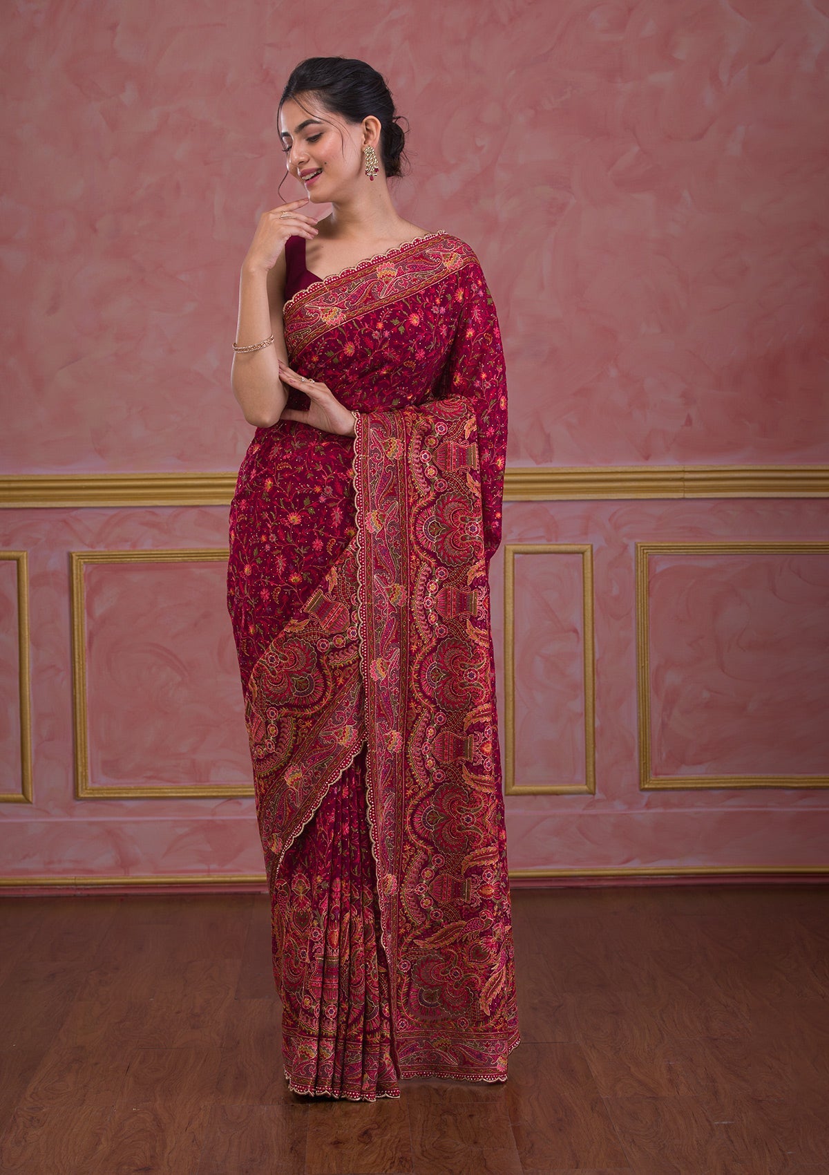 Wine Threadwork Georgette Saree-Koskii