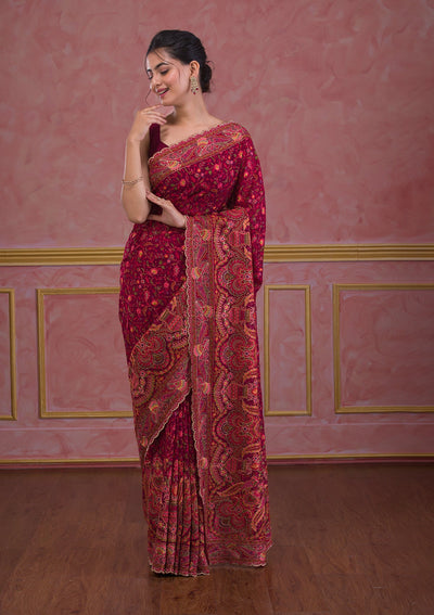 Wine Threadwork Georgette Saree-Koskii