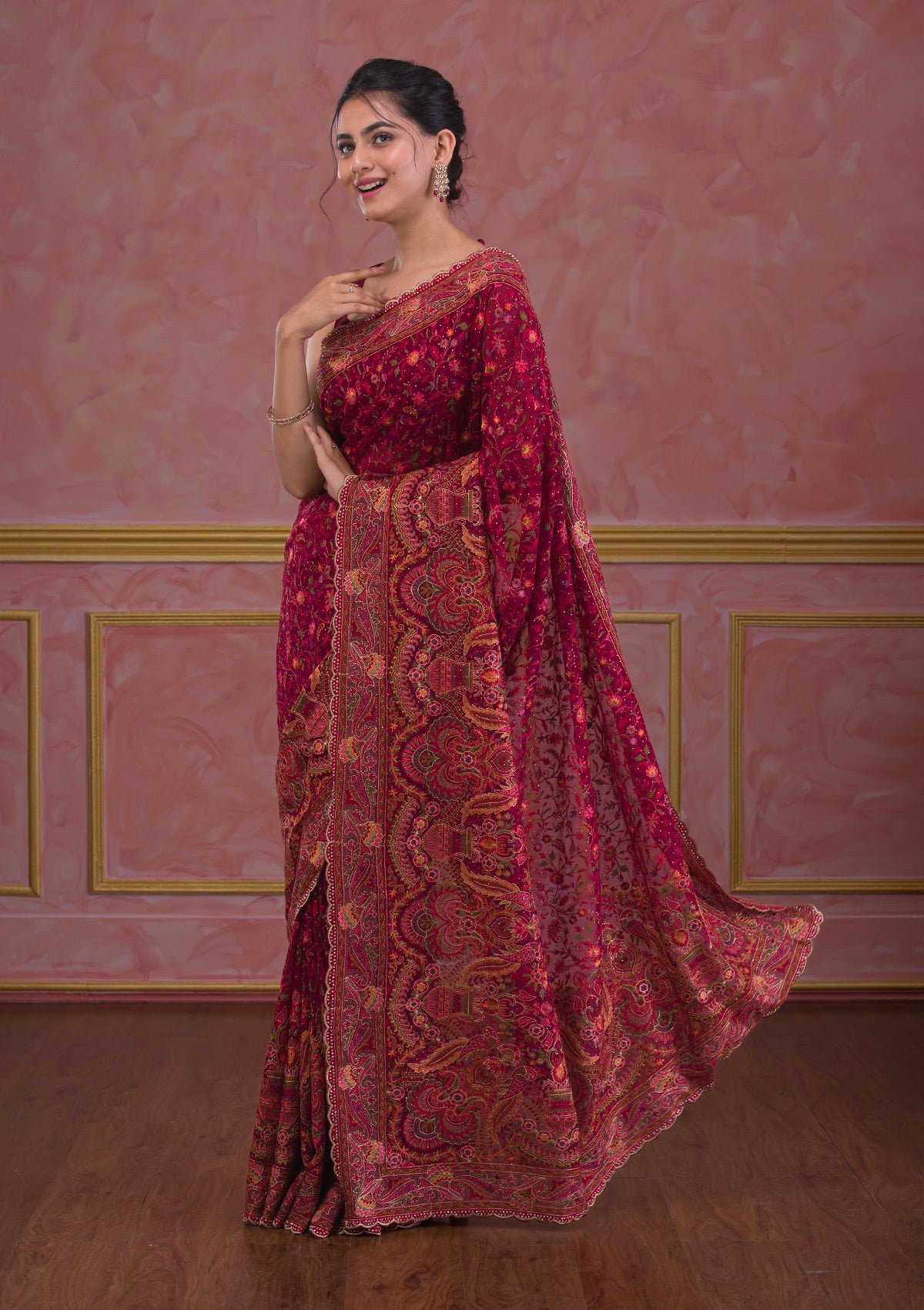 Wine Threadwork Georgette Saree-Koskii