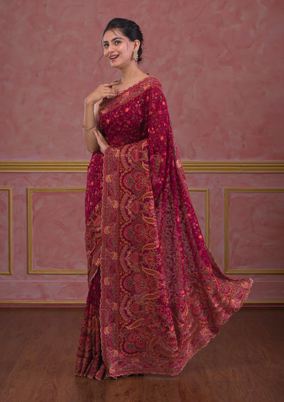 Wine Threadwork Georgette Saree-Koskii