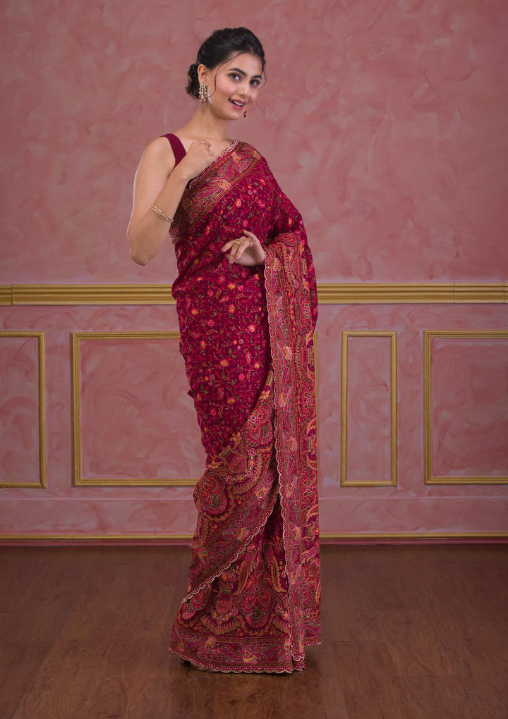 Wine Threadwork Georgette Saree-Koskii