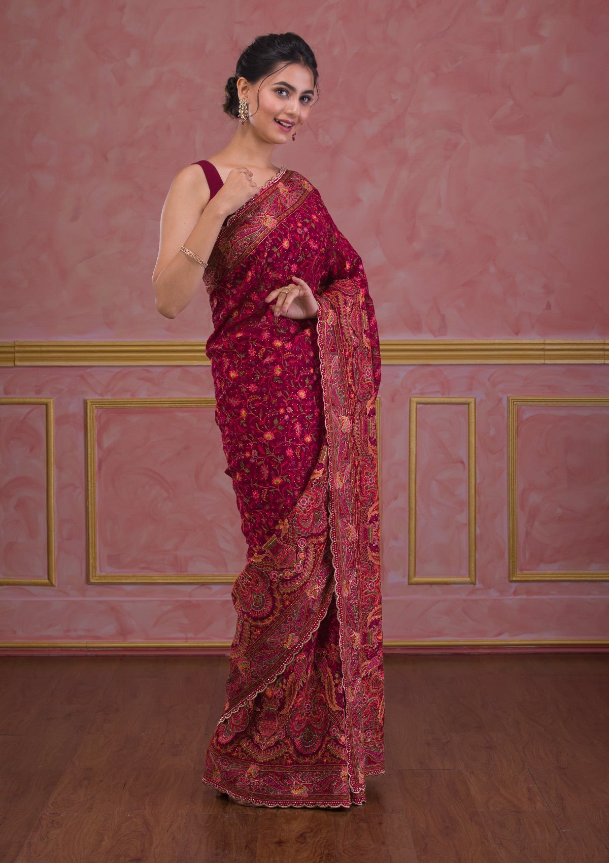 Wine Threadwork Georgette Saree-Koskii