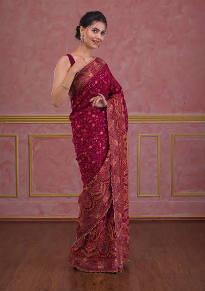 Wine Threadwork Georgette Saree-Koskii