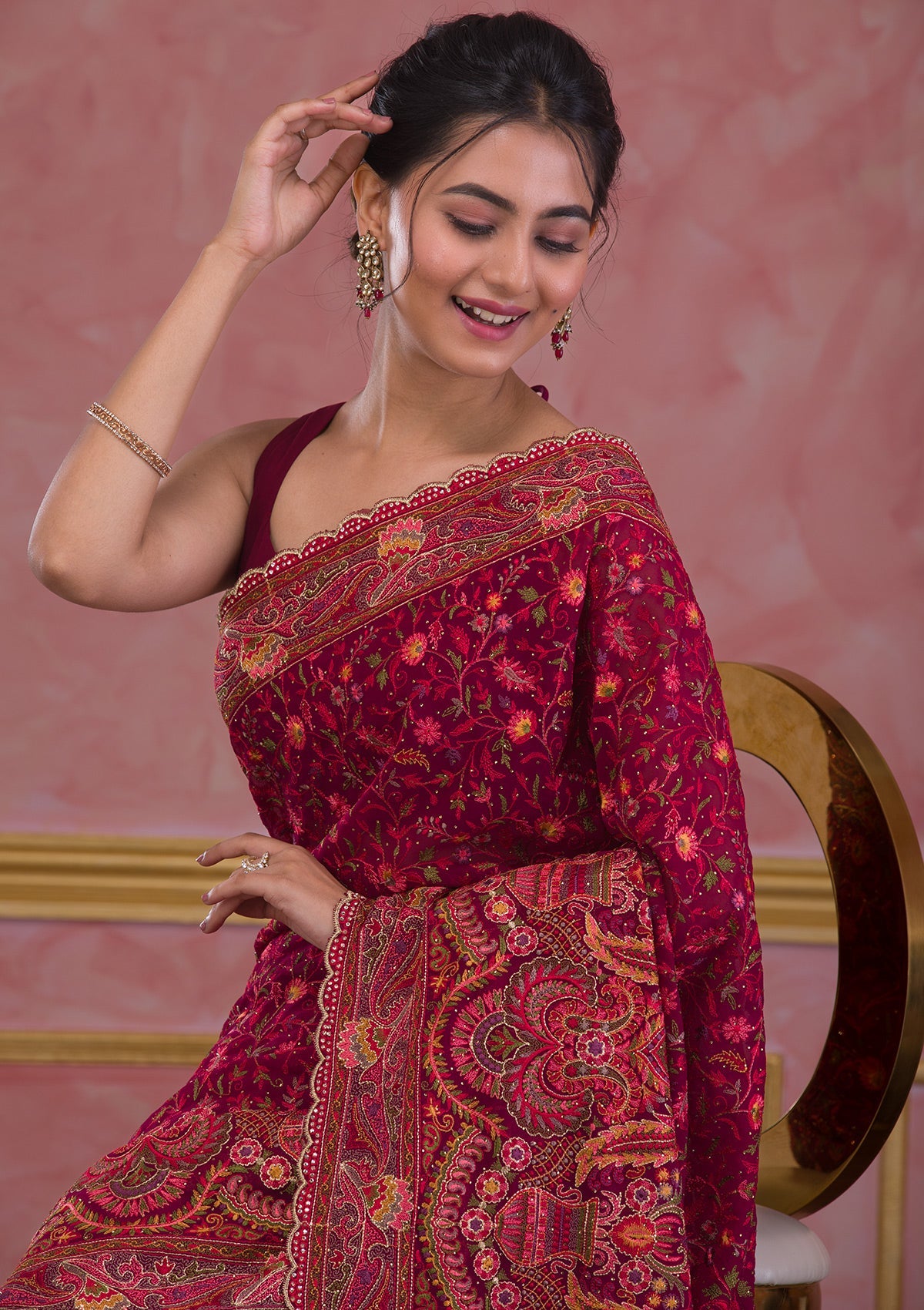 Wine Threadwork Georgette Saree-Koskii