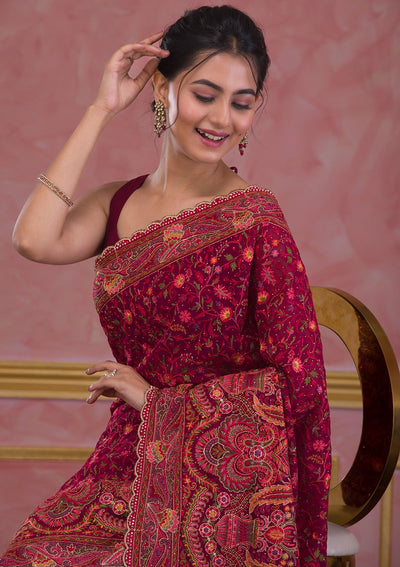 Wine Threadwork Georgette Saree-Koskii
