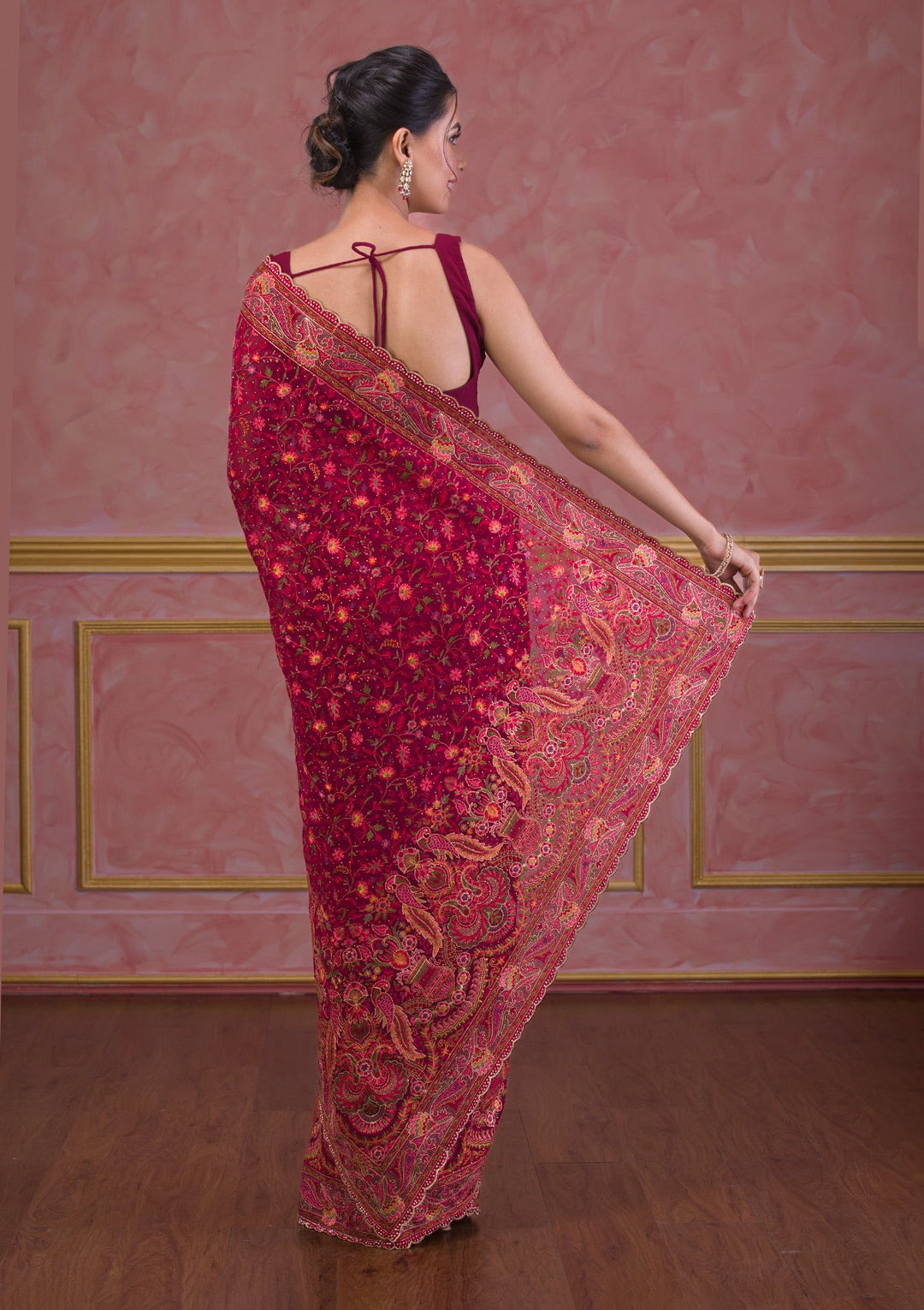 Wine Threadwork Georgette Saree-Koskii