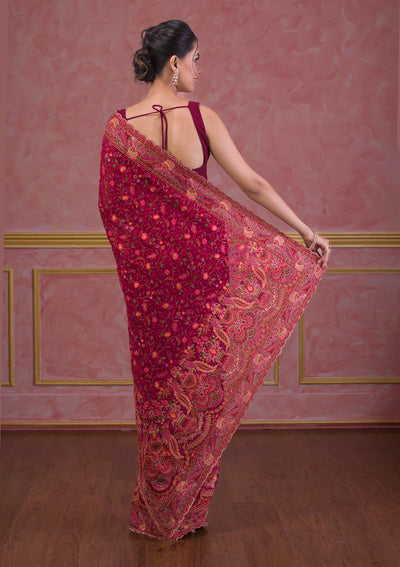 Wine Threadwork Georgette Saree-Koskii