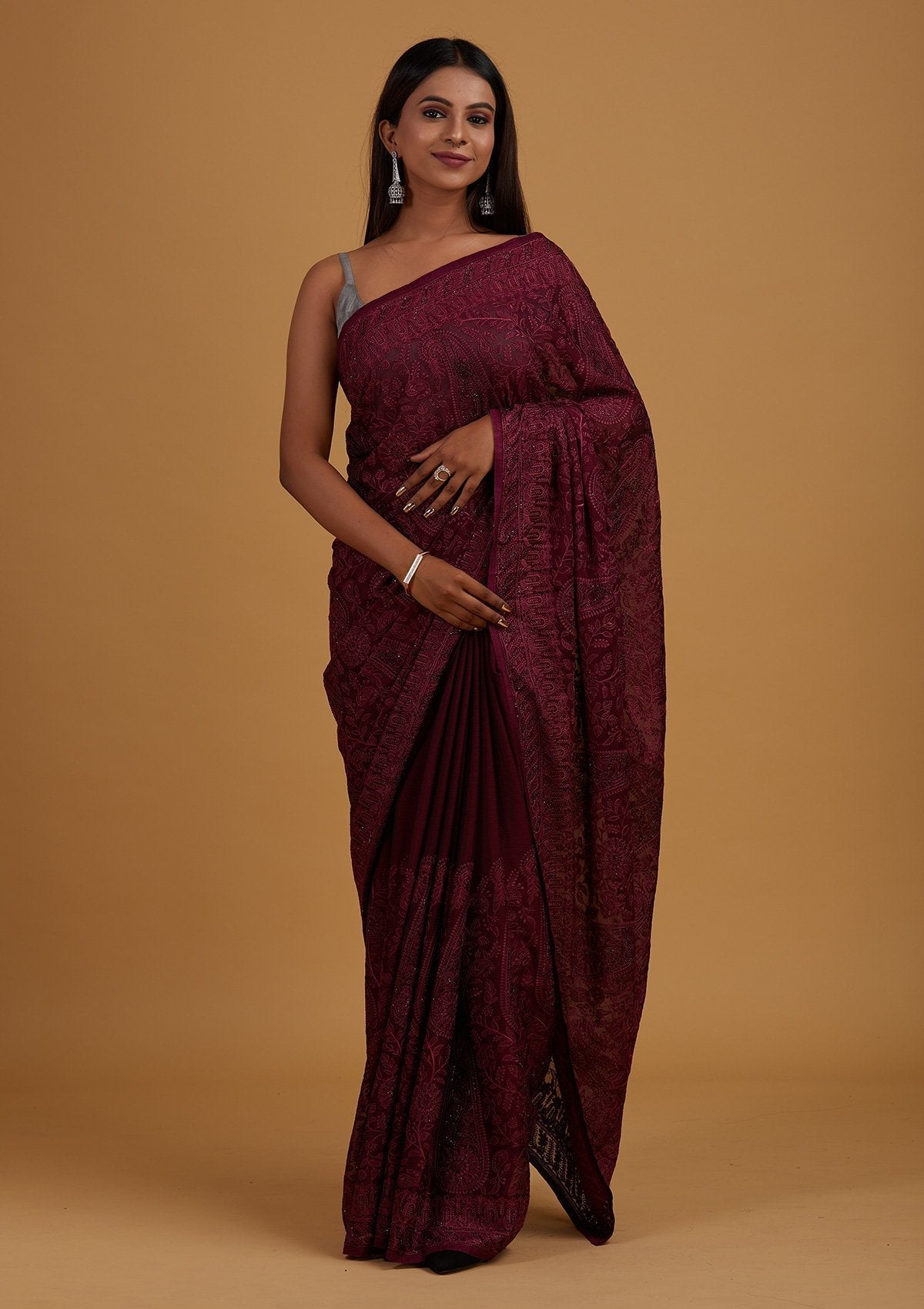 Wine Threadwork Net Designer Saree - Koskii