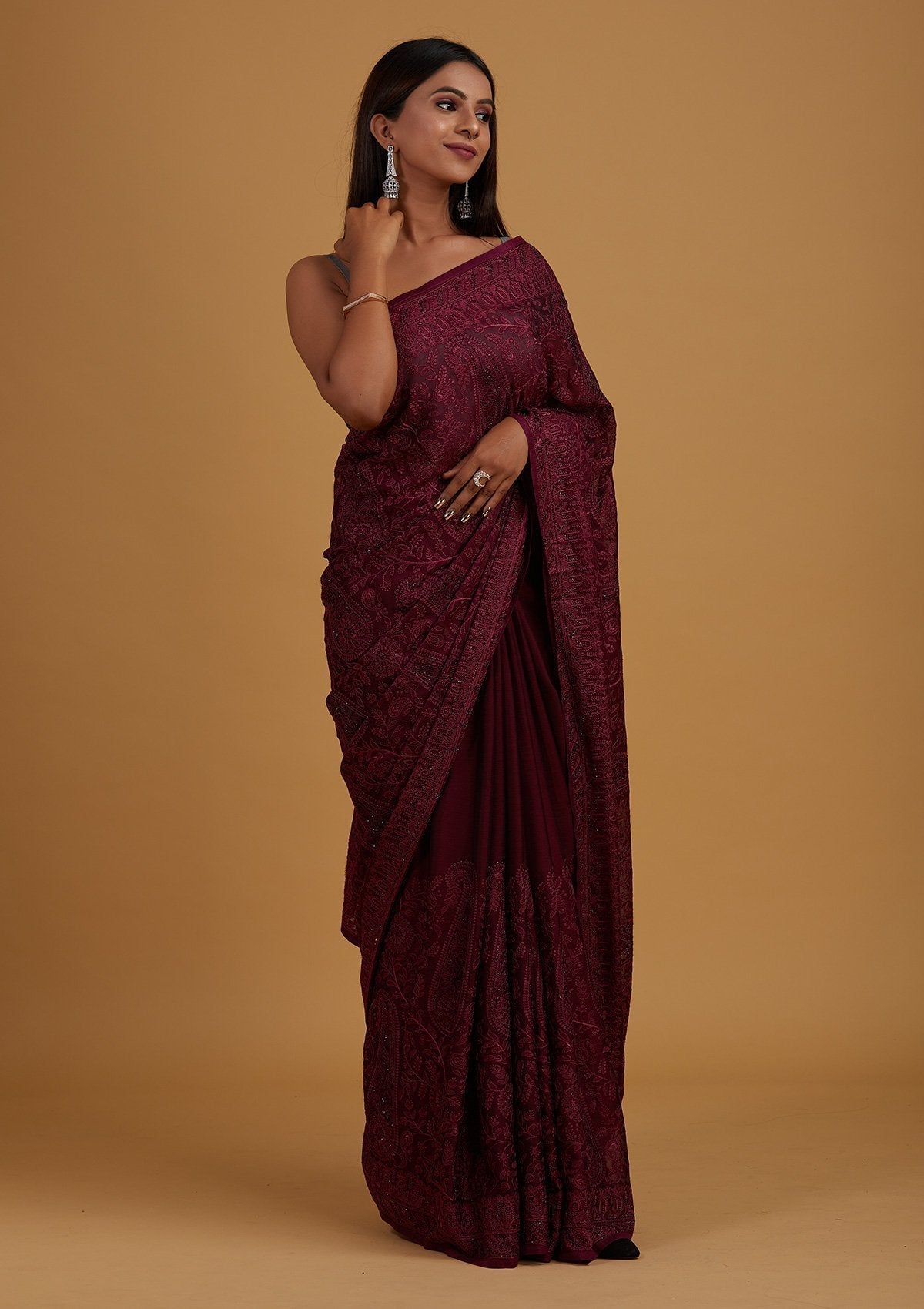 Wine Threadwork Net Designer Saree - Koskii