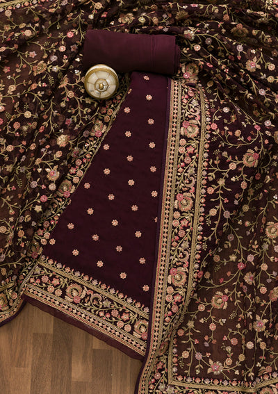 Wine Threadwork Organza Unstitched Salwar Suit-Koskii