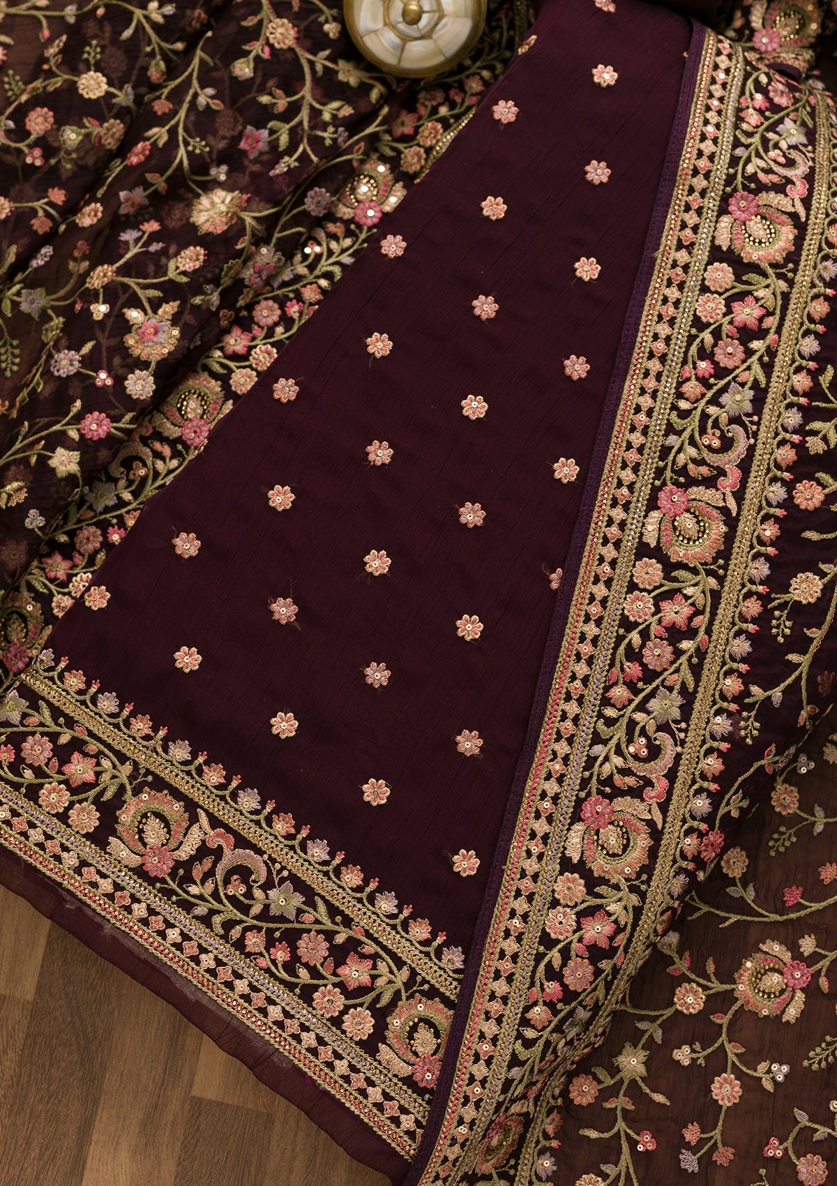Wine Threadwork Organza Unstitched Salwar Suit-Koskii
