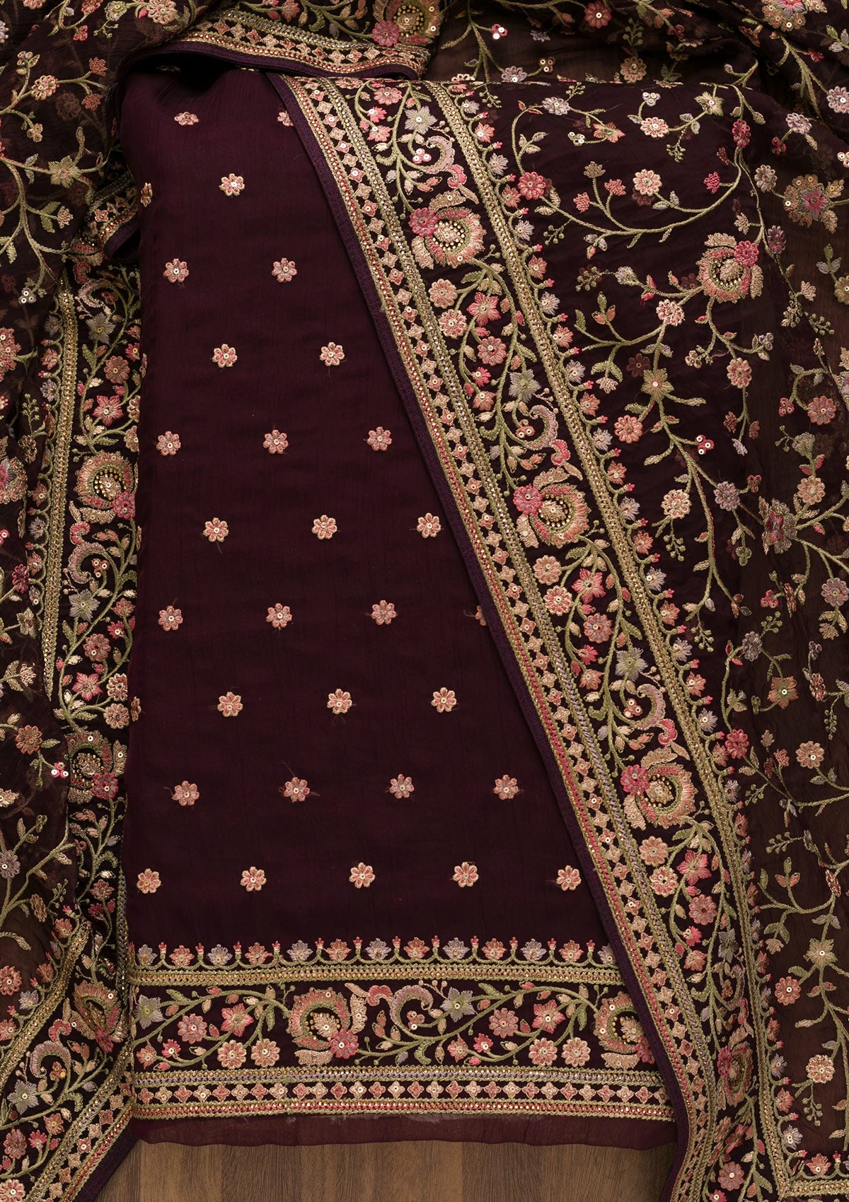 Wine Threadwork Organza Unstitched Salwar Suit-Koskii