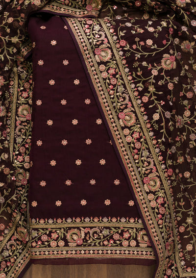 Wine Threadwork Organza Unstitched Salwar Suit-Koskii