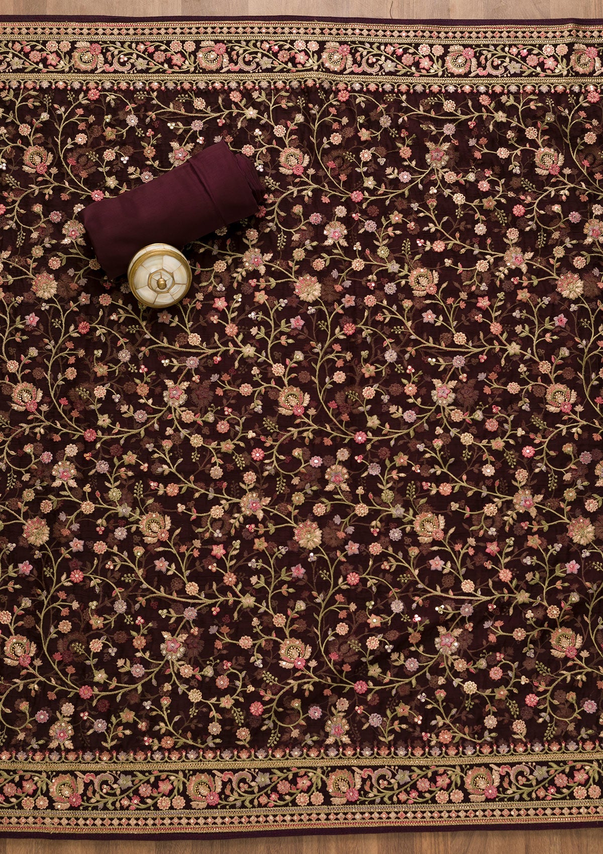 Wine Threadwork Organza Unstitched Salwar Suit-Koskii