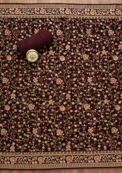 Wine Threadwork Organza Unstitched Salwar Suit-Koskii
