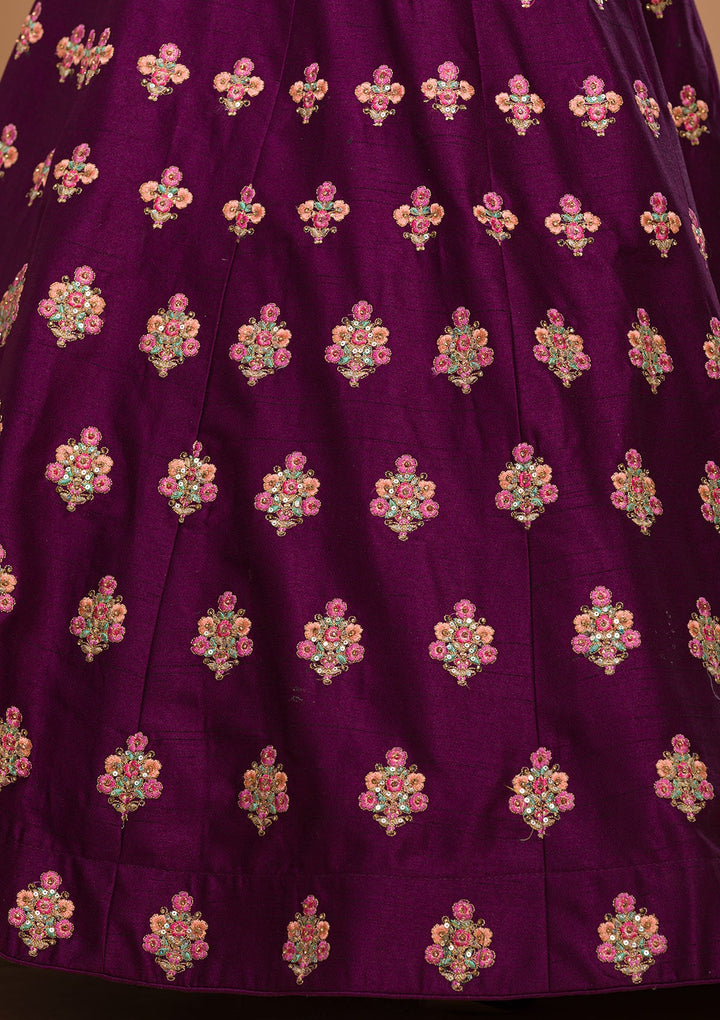 Wine Threadwork Raw Silk Designer Lehenga-Koskii