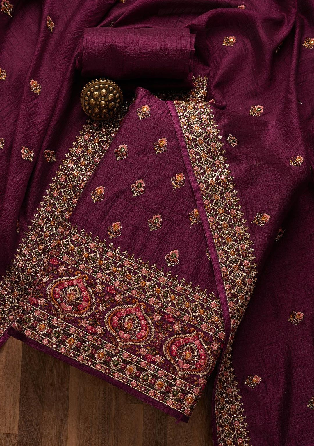 Wine Threadwork Raw Silk Unstitched Salwar Suit-Koskii