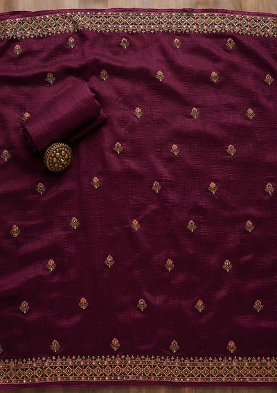 Wine Threadwork Raw Silk Unstitched Salwar Suit-Koskii