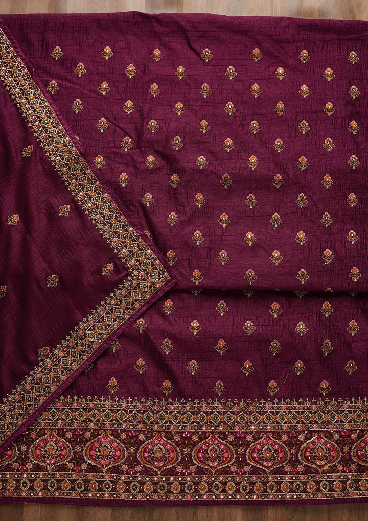 Wine Threadwork Raw Silk Unstitched Salwar Suit-Koskii