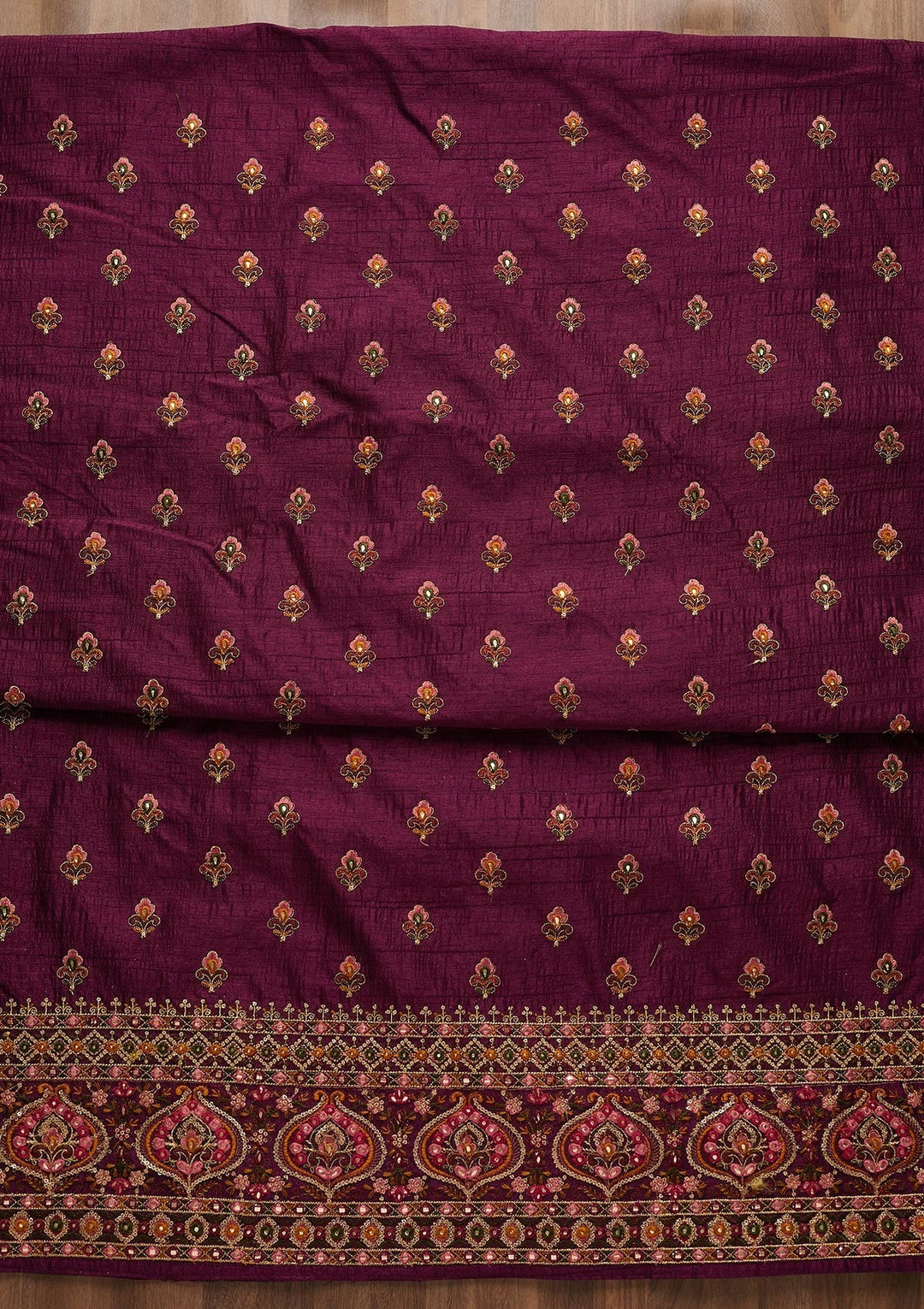 Wine Threadwork Raw Silk Unstitched Salwar Suit-Koskii