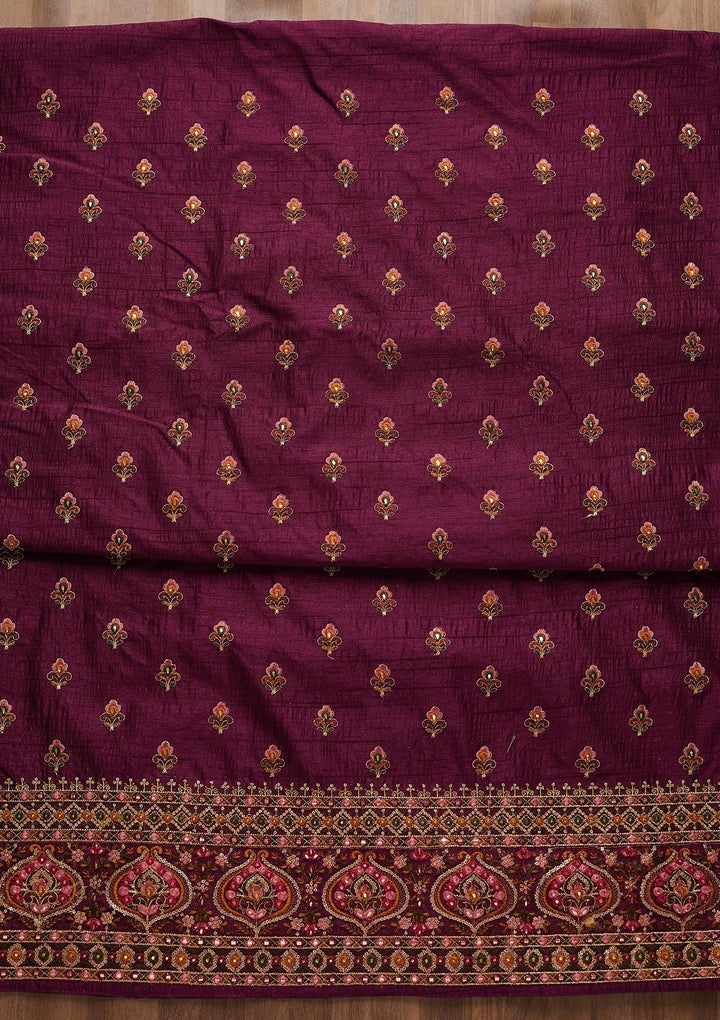 Wine Threadwork Raw Silk Unstitched Salwar Suit-Koskii