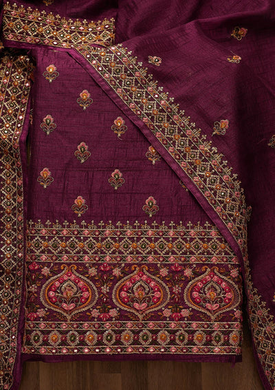 Wine Threadwork Raw Silk Unstitched Salwar Suit-Koskii