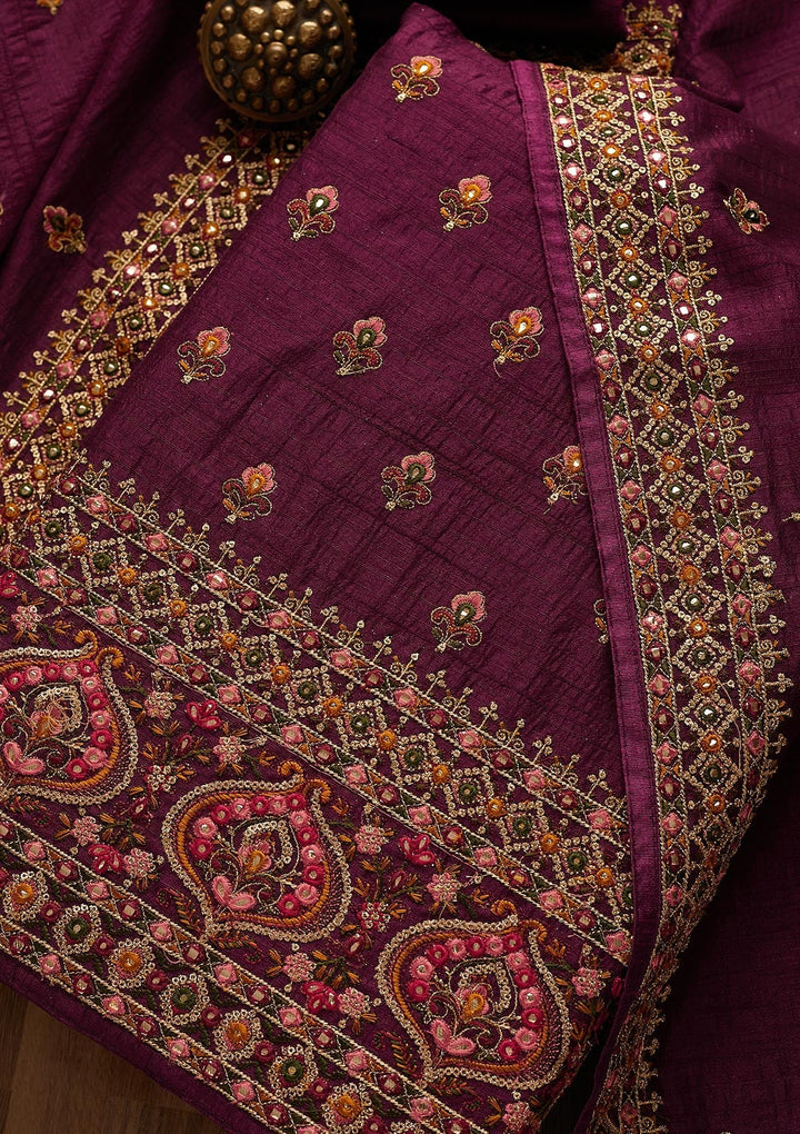 Wine Threadwork Raw Silk Unstitched Salwar Suit-Koskii