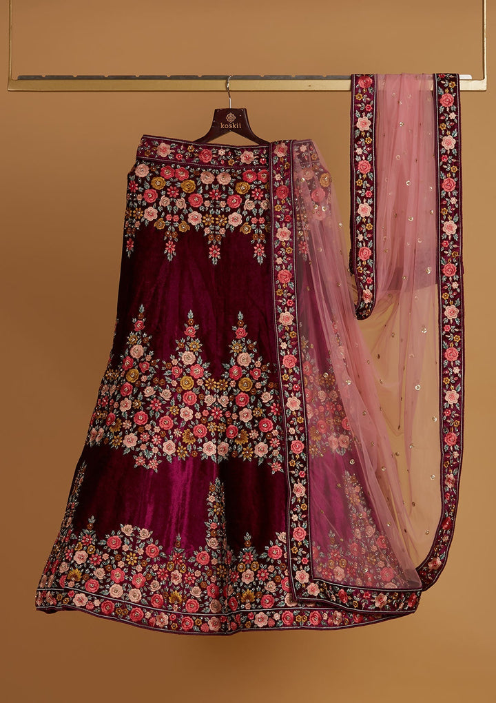 Wine Threadwork Velvet Designer Semi-Stitched Lehenga - Koskii