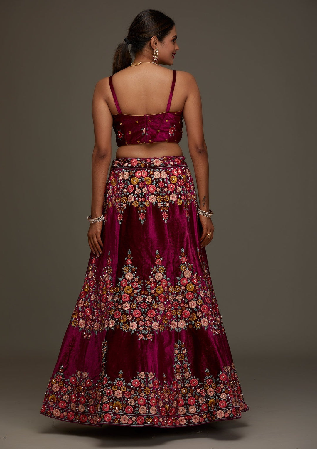 Wine Threadwork Velvet Designer Semi-Stitched Lehenga - Koskii
