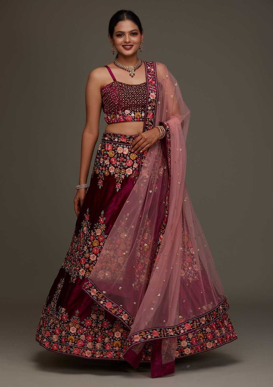 Wine Threadwork Velvet Designer Semi-Stitched Lehenga- Koskii
