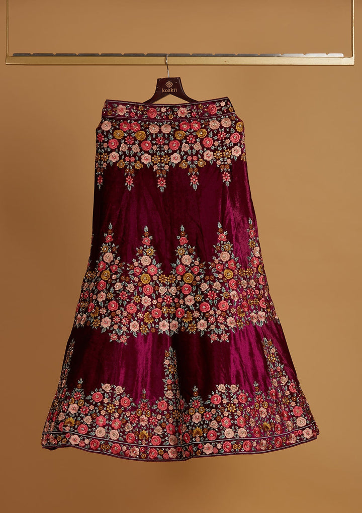 Wine Threadwork Velvet Designer Semi-Stitched Lehenga - Koskii