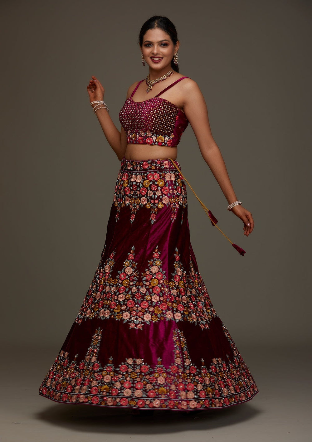 Wine Threadwork Velvet Designer Semi-Stitched Lehenga - Koskii