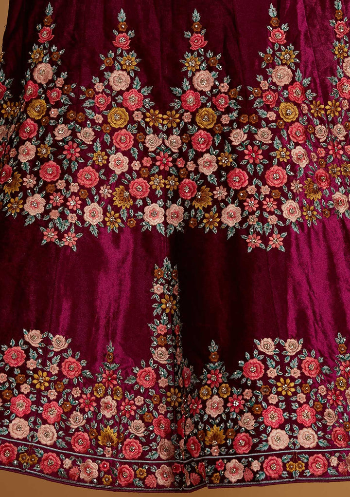 Wine Threadwork Velvet Designer Semi-Stitched Lehenga - Koskii
