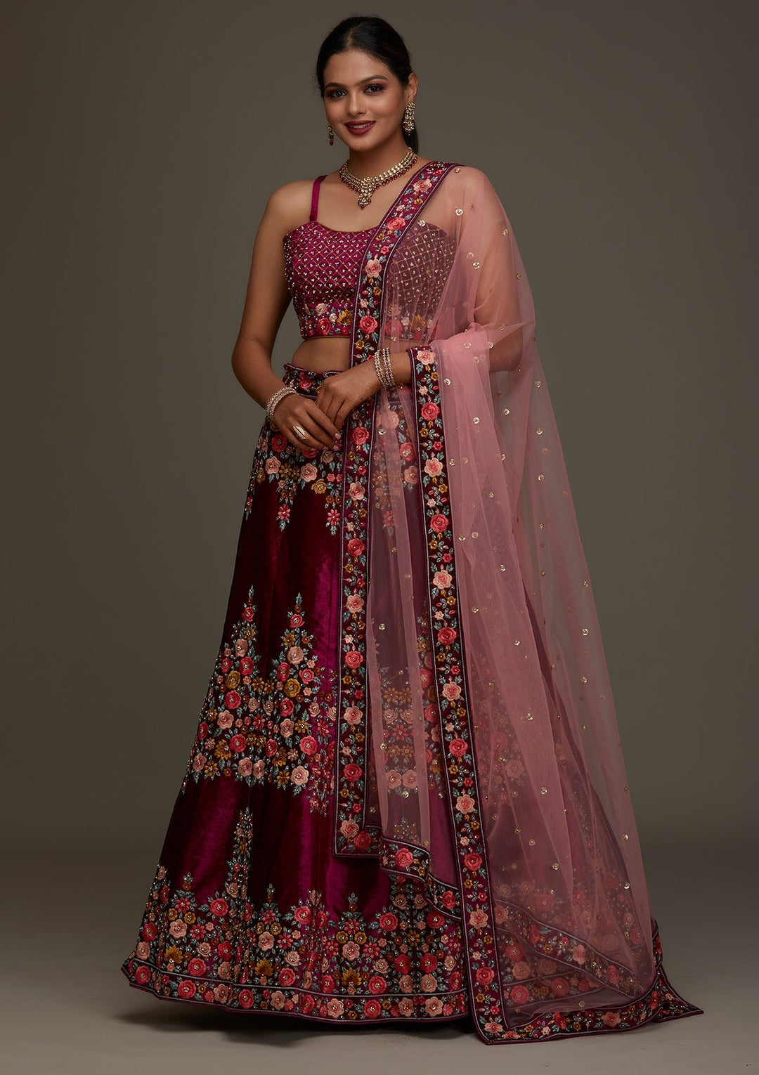 Wine Threadwork Velvet Designer Semi-Stitched Lehenga - Koskii