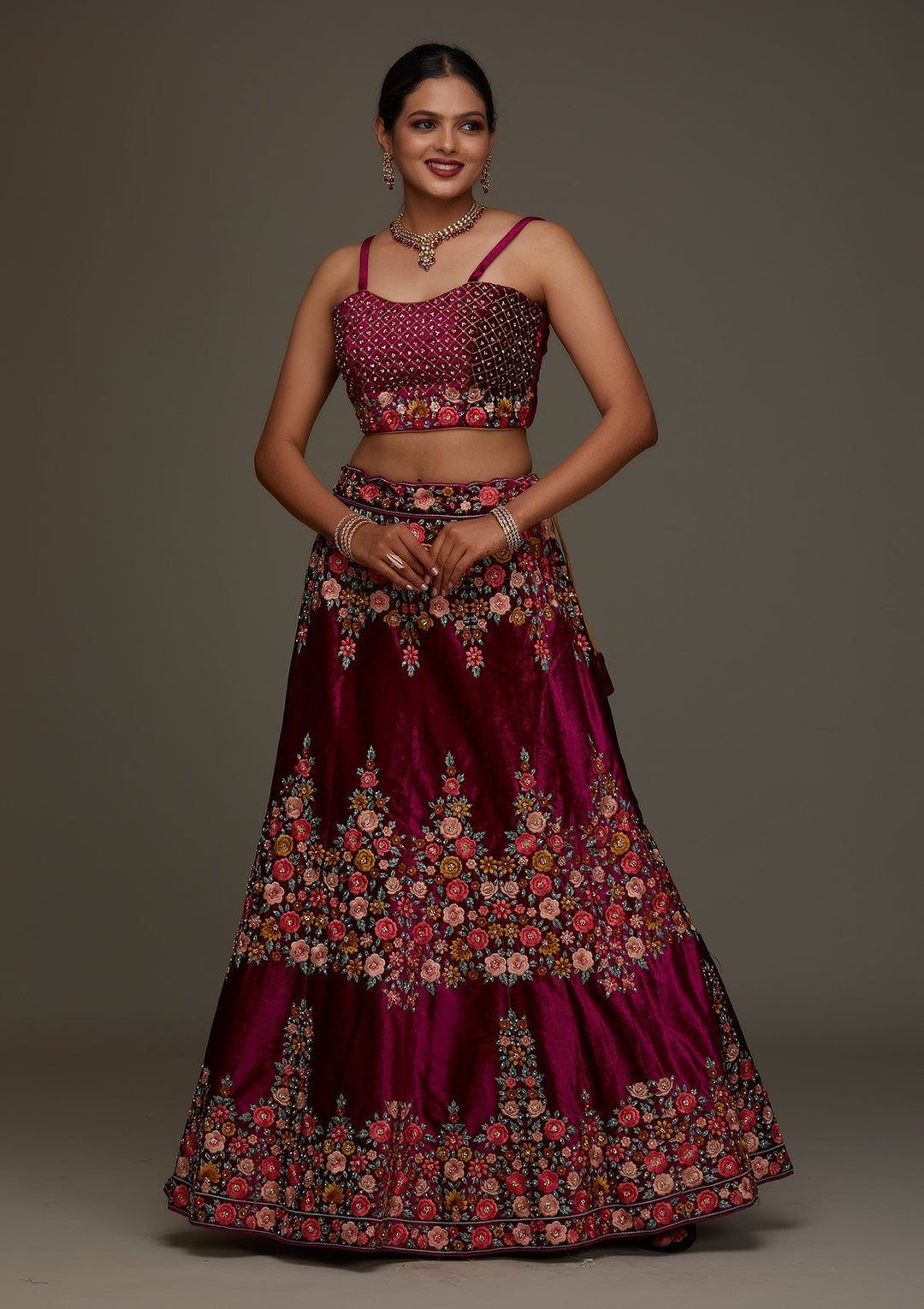 Wine Threadwork Velvet Designer Semi-Stitched Lehenga - Koskii