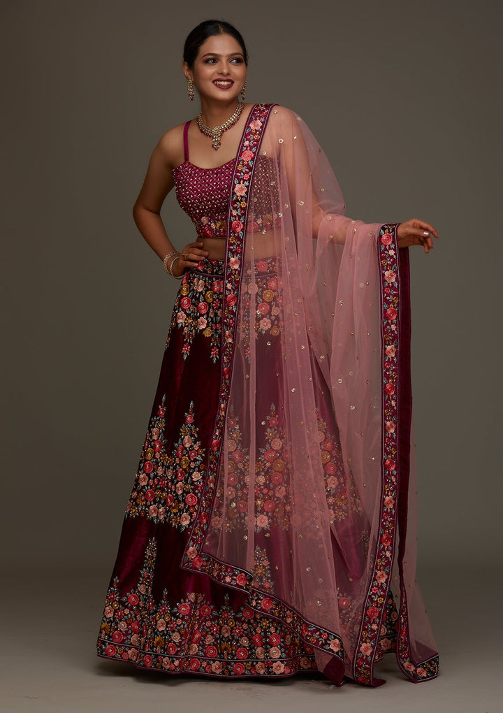 Wine Threadwork Velvet Designer Semi-Stitched Lehenga - Koskii