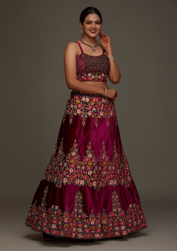 Wine Threadwork Velvet Designer Semi-Stitched Lehenga - Koskii