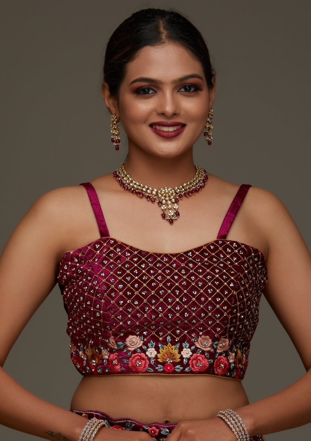 Wine Threadwork Velvet Designer Semi-Stitched Lehenga - Koskii