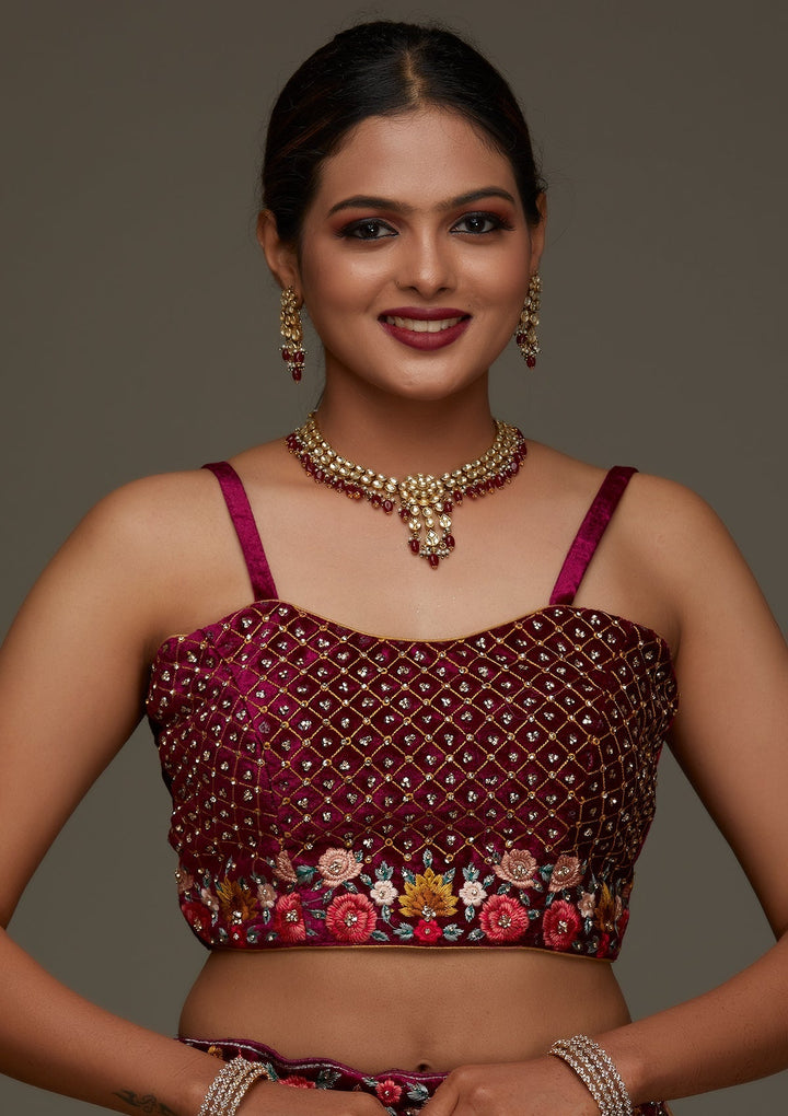 Wine Threadwork Velvet Designer Semi-Stitched Lehenga - Koskii