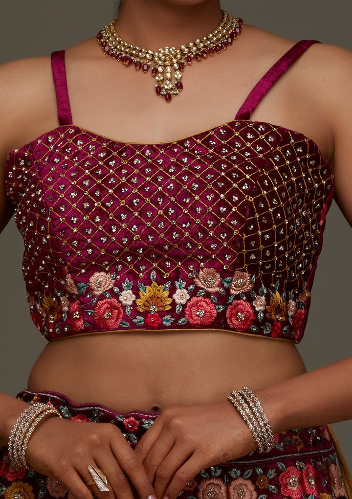 Wine Threadwork Velvet Designer Semi-Stitched Lehenga - Koskii