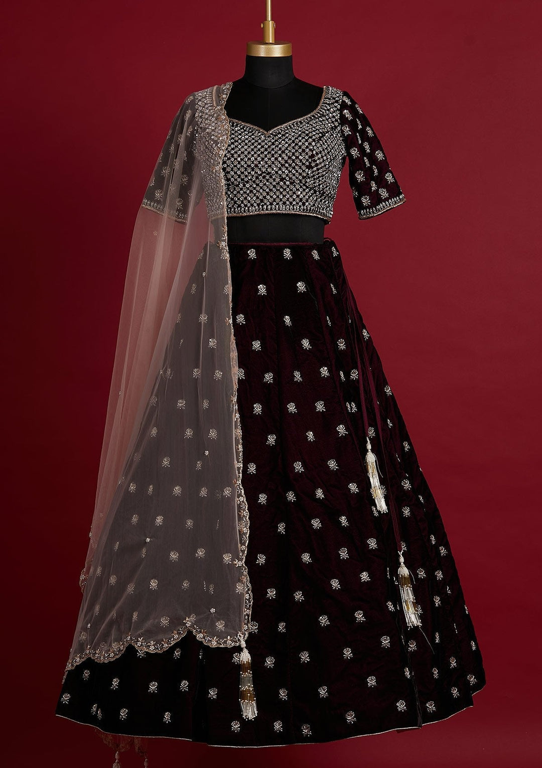 Wine Zardosi Velvet Designer Lehenga - koskii