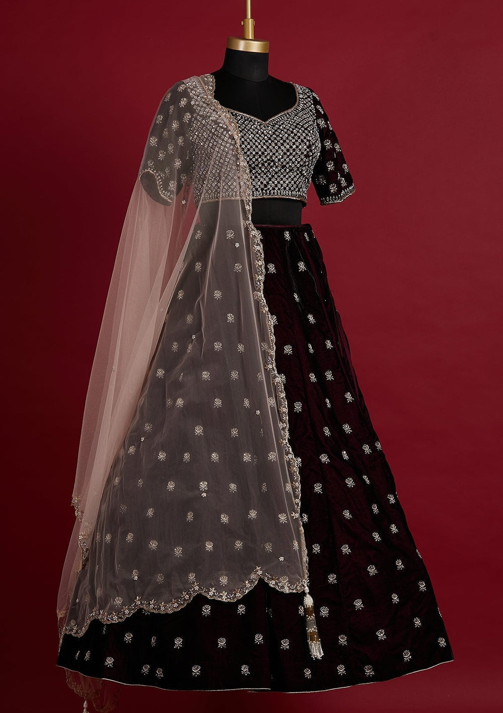 Wine Zardosi Velvet Designer Lehenga - koskii