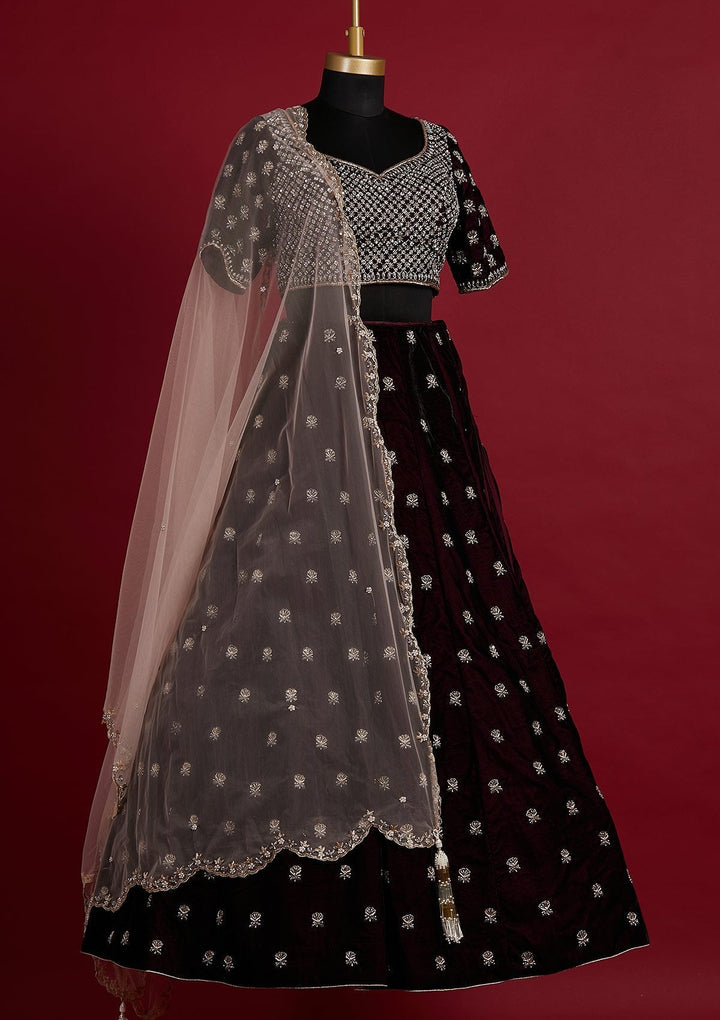 Wine Zardosi Velvet Designer Lehenga - koskii