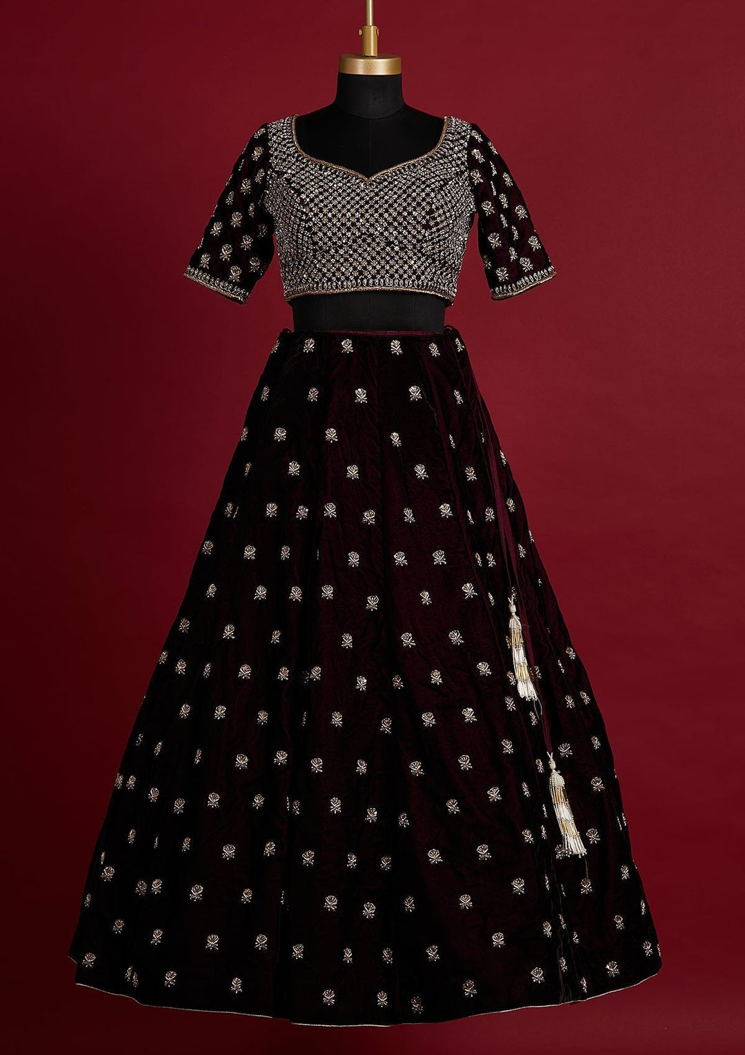 Wine Zardosi Velvet Designer Lehenga - koskii